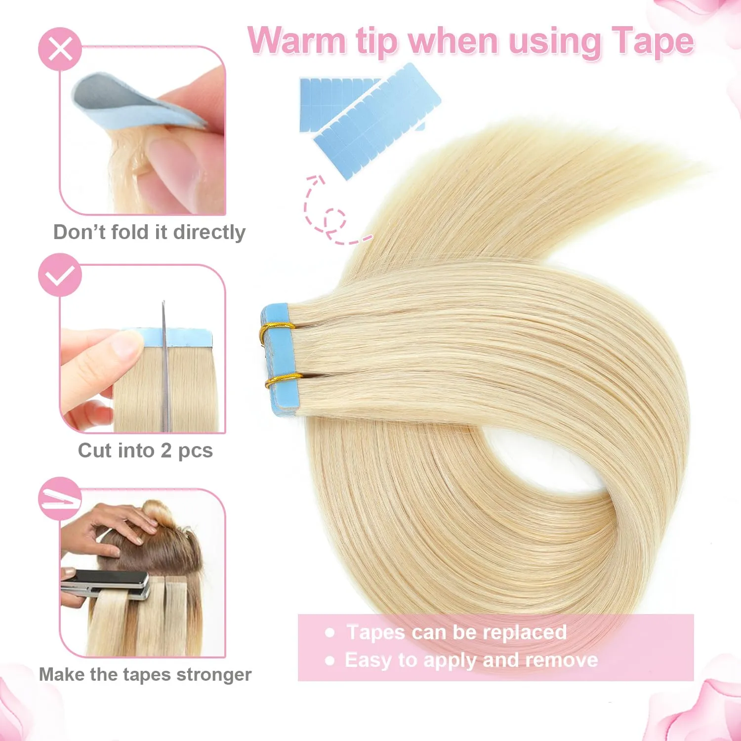 Evala Tape in Hair Extensions - Blonde Remy Hair, 613 Bleach Blonde, 20pcs 40g Real Human Hair, Seamless Straight Natural, 14 Inch