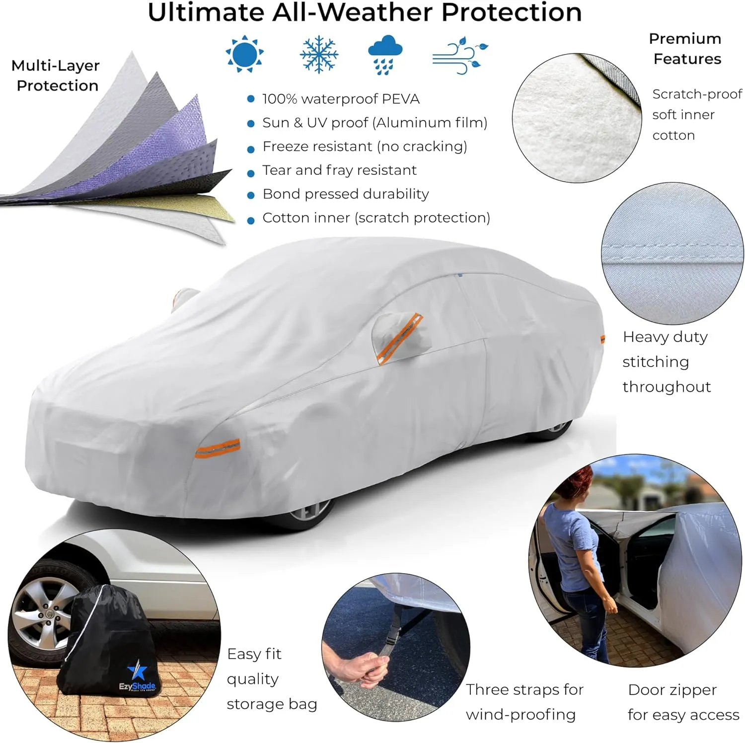 EzyShade 10-Layer Car Cover Waterproof All Weather. See Vehicle Size-Chart for Accurate Fit. Outdoor Full Exterior Covers for Automobiles Sedan Hatch SUV Rain Sun Protection. Size A3 (See SizeChart)