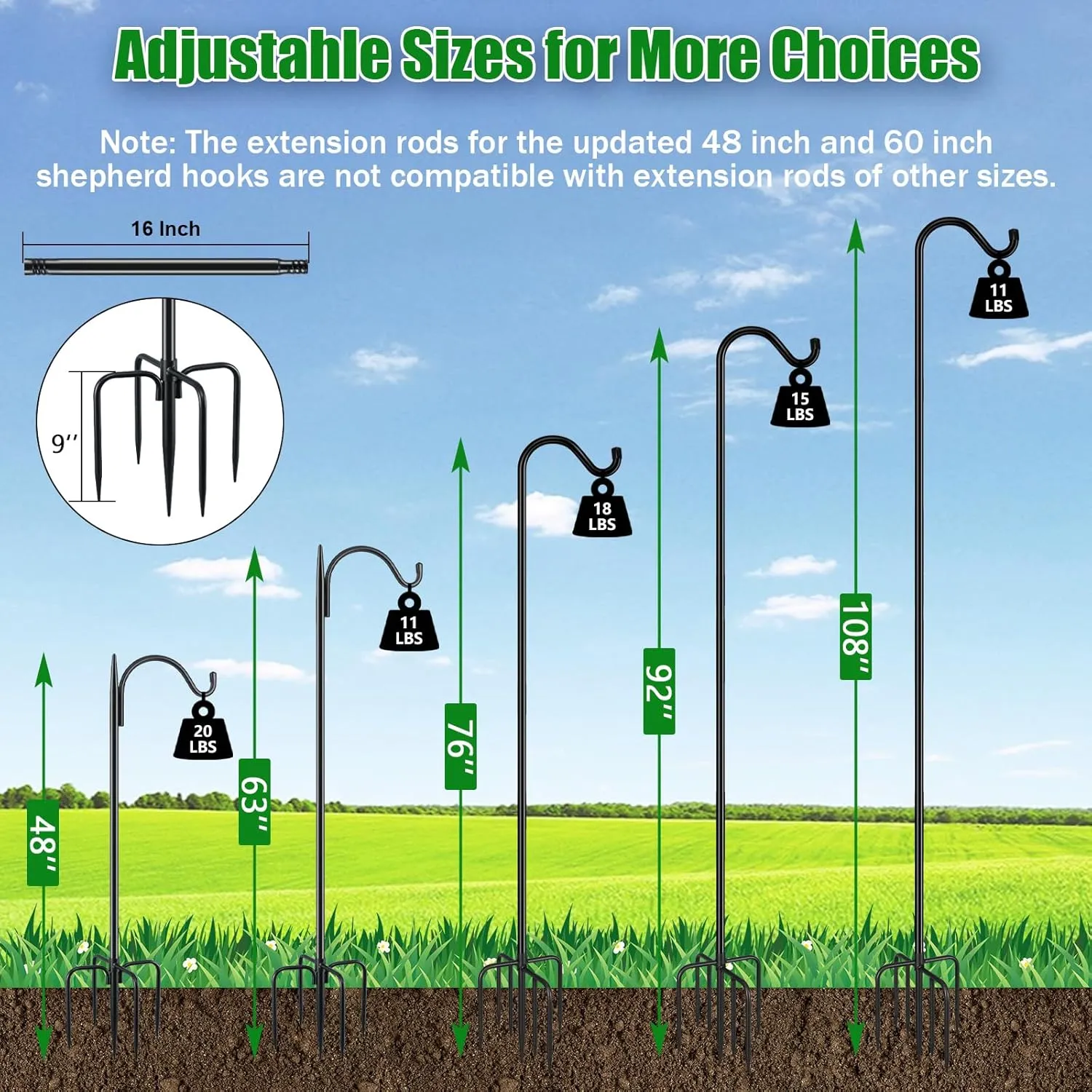 FEED GARDEN Adjustable Outdoor Shepherd Hook Bird Feeder Pole with 5 Prongs Base, 60 Inch Tall 5/8 Inch Thick, Heavy Duty Shepard Hook Stand for Hanging Bird Feeders, Plant Baskets, Black (1 Pack)