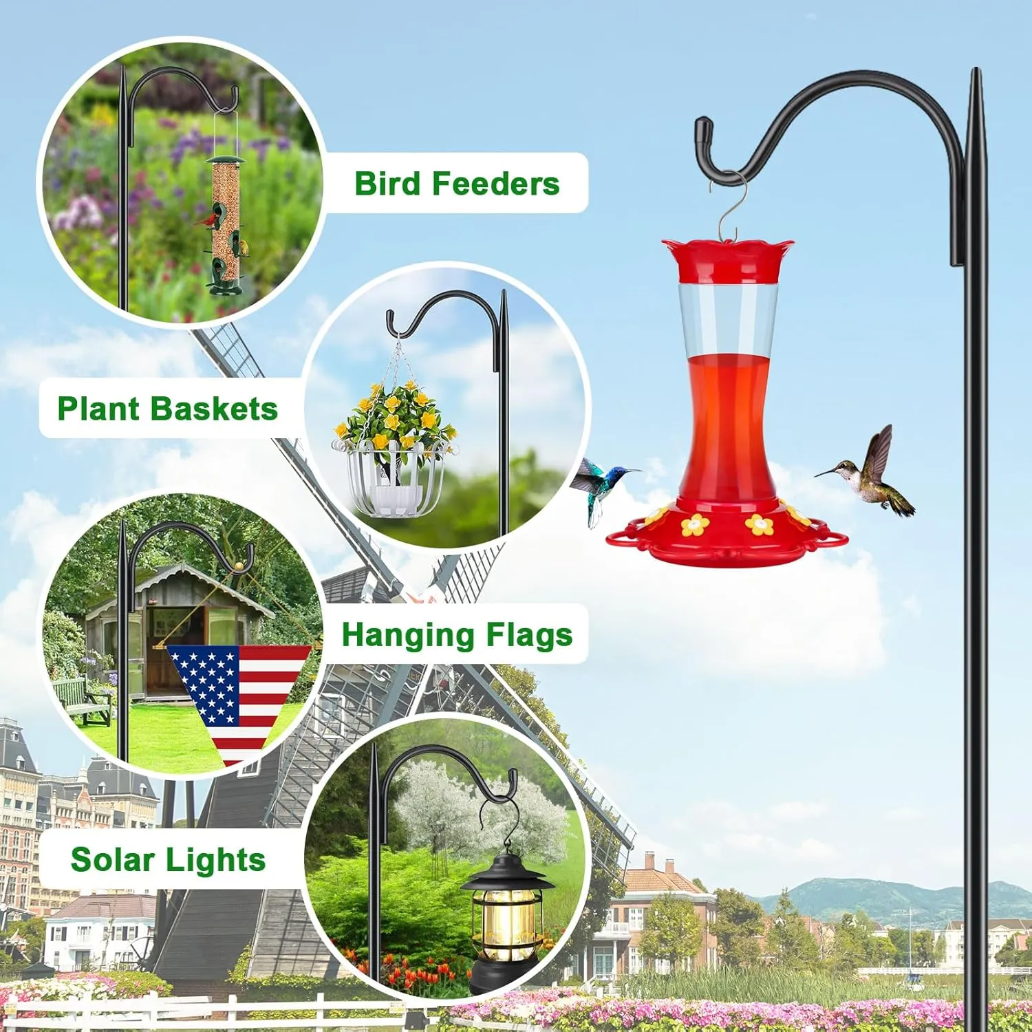 FEED GARDEN Adjustable Outdoor Shepherd Hook Bird Feeder Pole with 5 Prongs Base, 60 Inch Tall 5/8 Inch Thick, Heavy Duty Shepard Hook Stand for Hanging Bird Feeders, Plant Baskets, Black (1 Pack)
