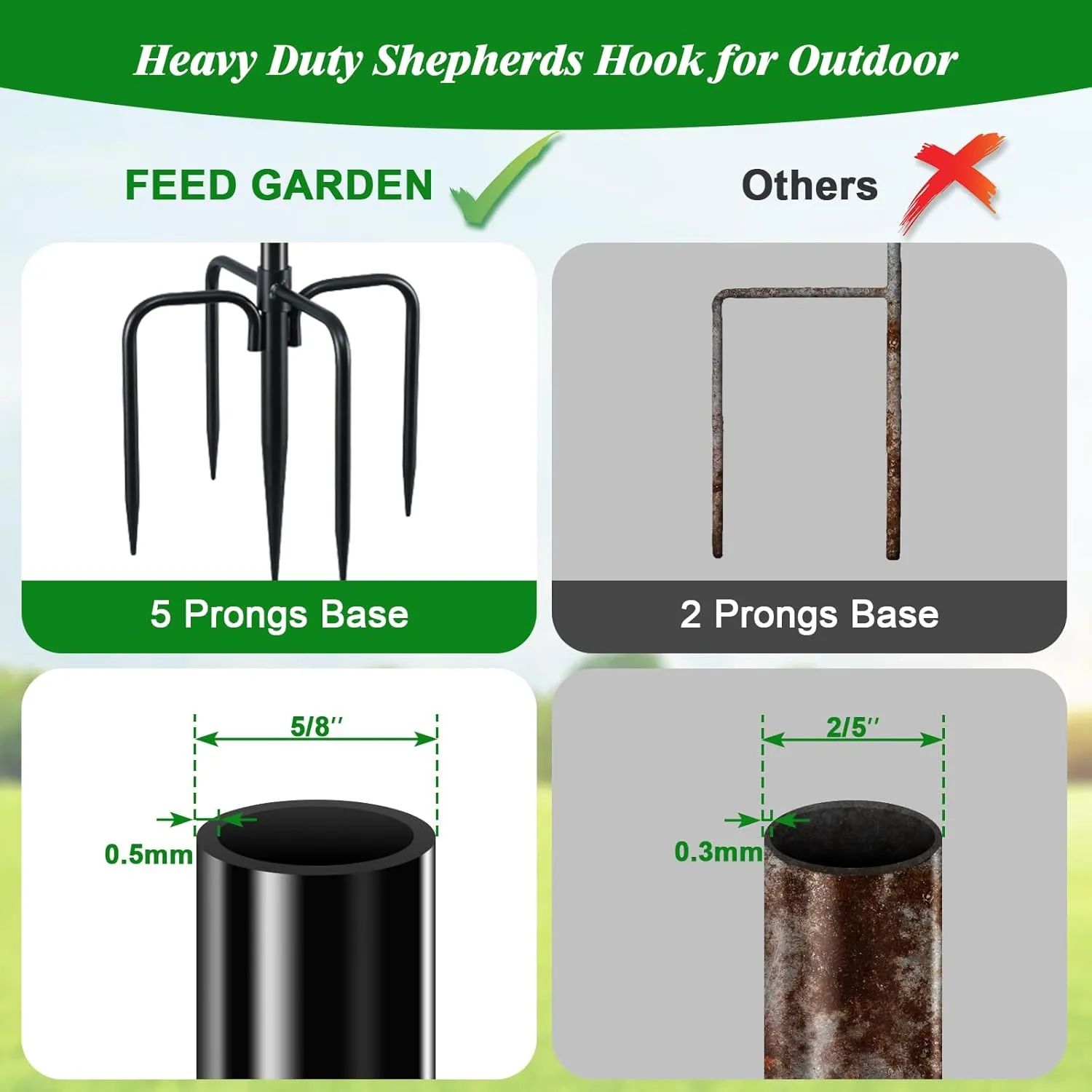 FEED GARDEN Adjustable Outdoor Shepherd Hook Bird Feeder Pole with 5 Prongs Base, 60 Inch Tall 5/8 Inch Thick, Heavy Duty Shepard Hook Stand for Hanging Bird Feeders, Plant Baskets, Black (1 Pack)
