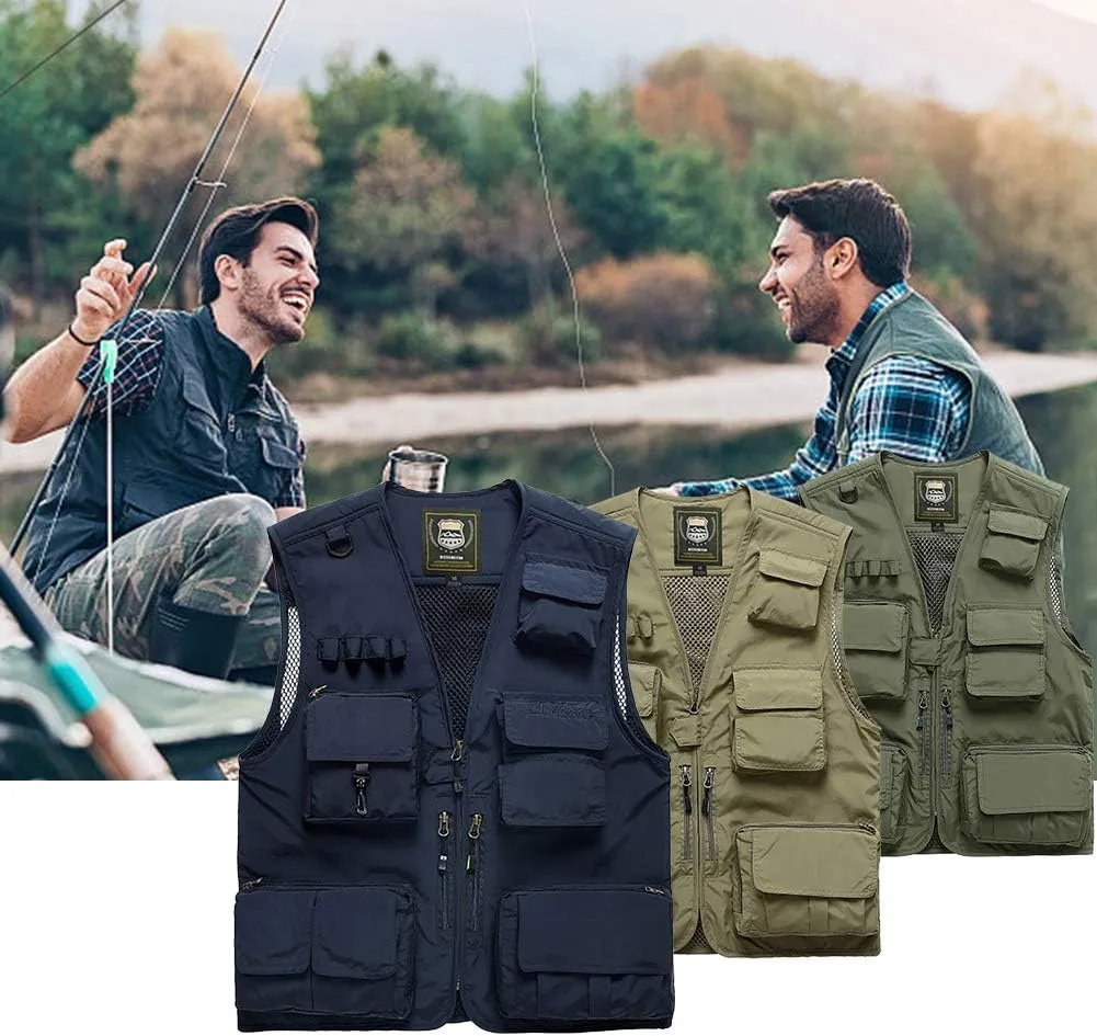 FEOYA Men Fishing Vest Multi Pockets Zipper Lightweight Plus Vest for Photography Climbing Hiking