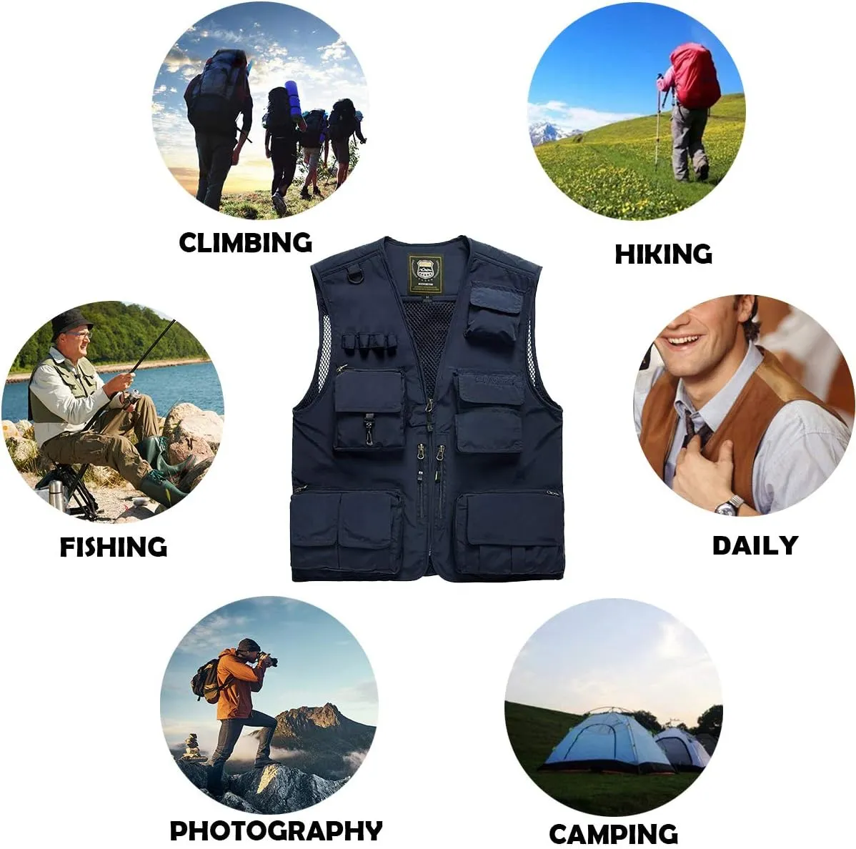 FEOYA Men Fishing Vest Multi Pockets Zipper Lightweight Plus Vest for Photography Climbing Hiking