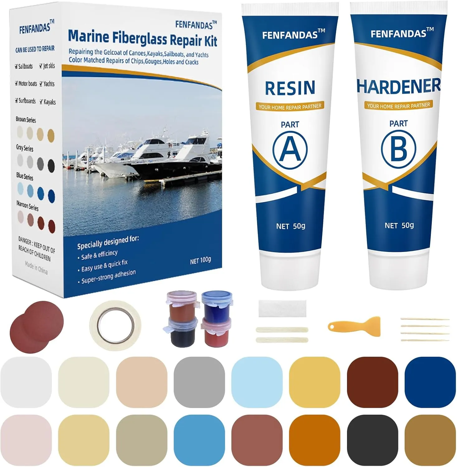 Fiberglass Boat Repair Kit, Marine Fiberglass Repair Kit for Boats, Gel Coat Repair Kit for Boats, Epoxy Filler for Boats, Fiberglass Repair Kit Fix Holes Chips Pits Cracks (Color Match)
