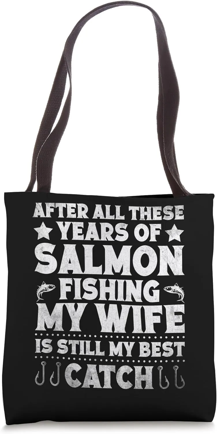 Fisherman, in the Lake with Salmons Happy Pace Fishing Tote Bag