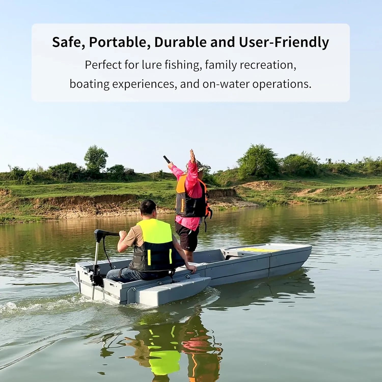 Fishing Boat, Folding Pontoon Boat, Fits in Car Trunk - Portable Modular Kayak, Seats 2-6, Motor-Ready, Sturdier Than Inflatable Boats - Ideal for Lure Fishing, Paddling Trip, Hunting, Rescue