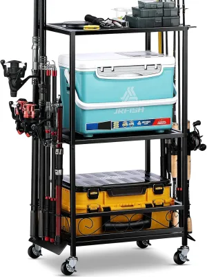 Fishing Rod Holder - Fishing Pole Rack for 10 Rods - Adjustable Height Fishing Gear Equipment Organizer Storage Solution for Garage Basement or Indoor
