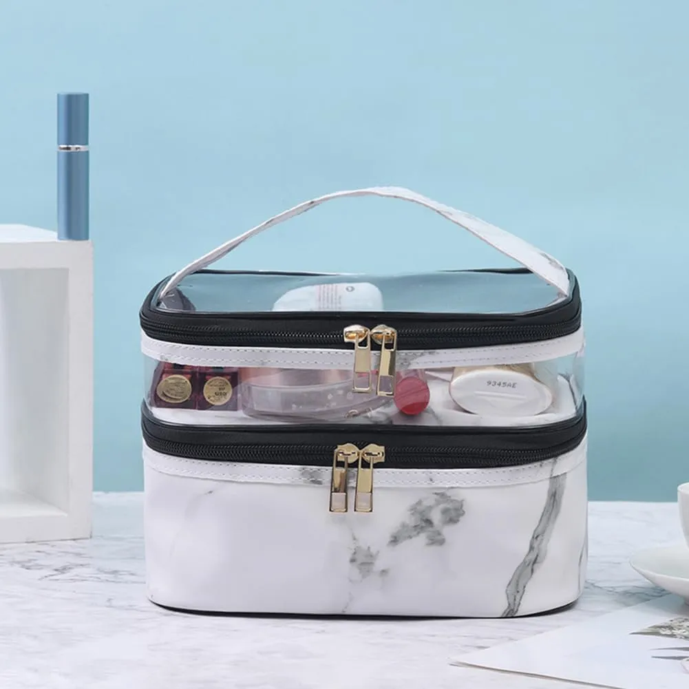 FITINI 3 Pieces Makeup Bags Marble Double Layer Travel Large Cosmetic Cases Organizer Toiletry Bags Waterproof Small Zipper Pouch for Women Makeup Brush Storage Bag,White