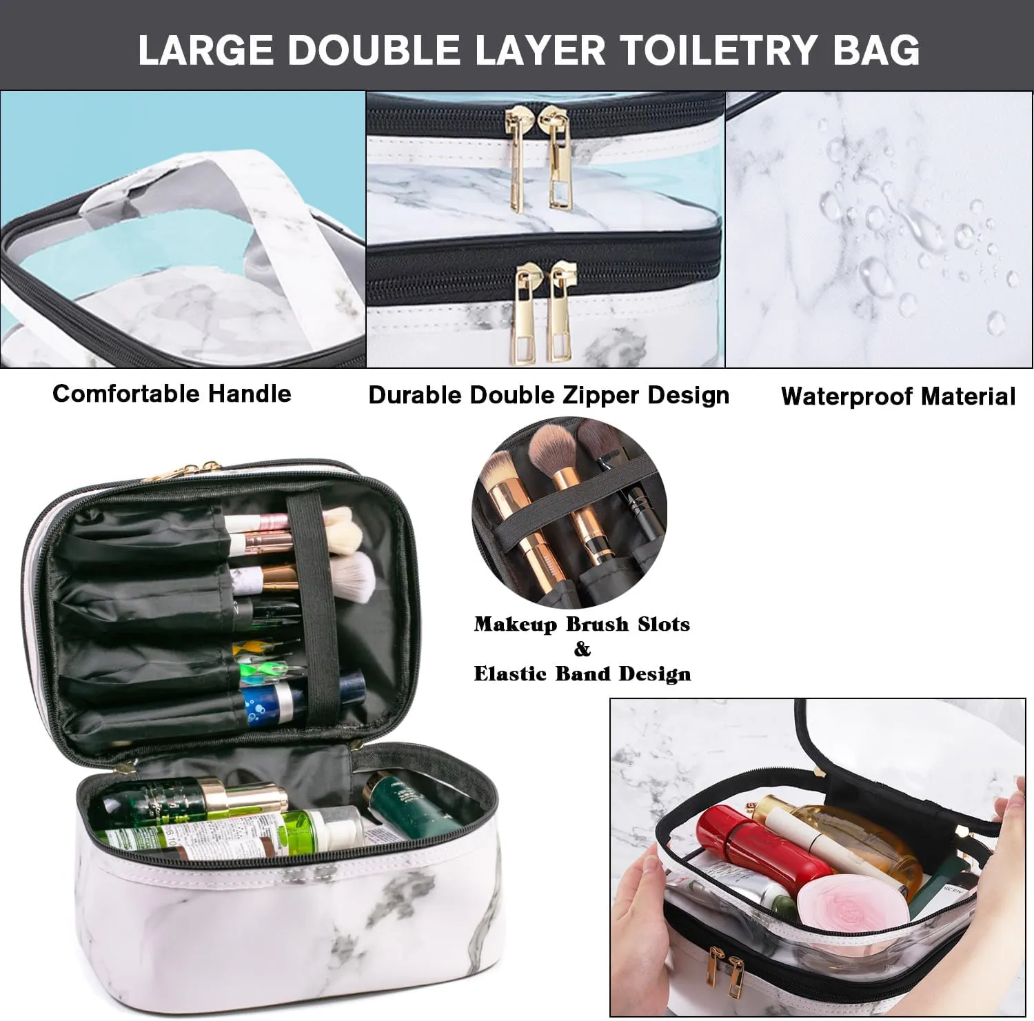 FITINI 3 Pieces Makeup Bags Marble Double Layer Travel Large Cosmetic Cases Organizer Toiletry Bags Waterproof Small Zipper Pouch for Women Makeup Brush Storage Bag,White