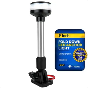 Five Oceans 9-Inch LED Anchor Light for Boats, USCG 2NM Certified, Fold-Down Design, Clear Lens, 12V DC, Suitable for Pontoons & Fishing Boats - FO2878