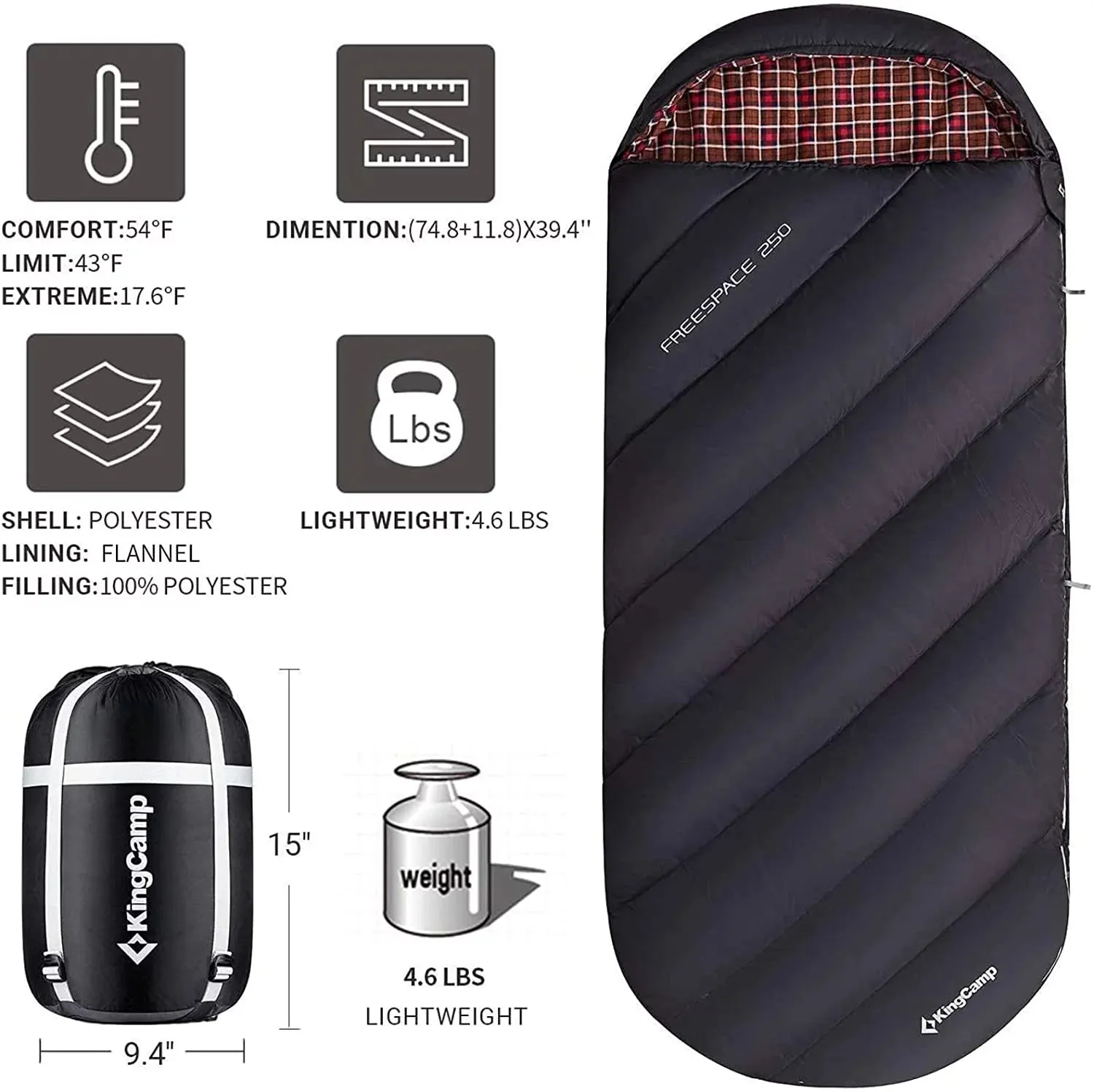 Flannel Sleeping Bag for Adults, Big and Tall Waterproof 20 Degree Camping Sleeping Bags for Cold Weather with Compression Sack, 86.6" X 39.4", Black