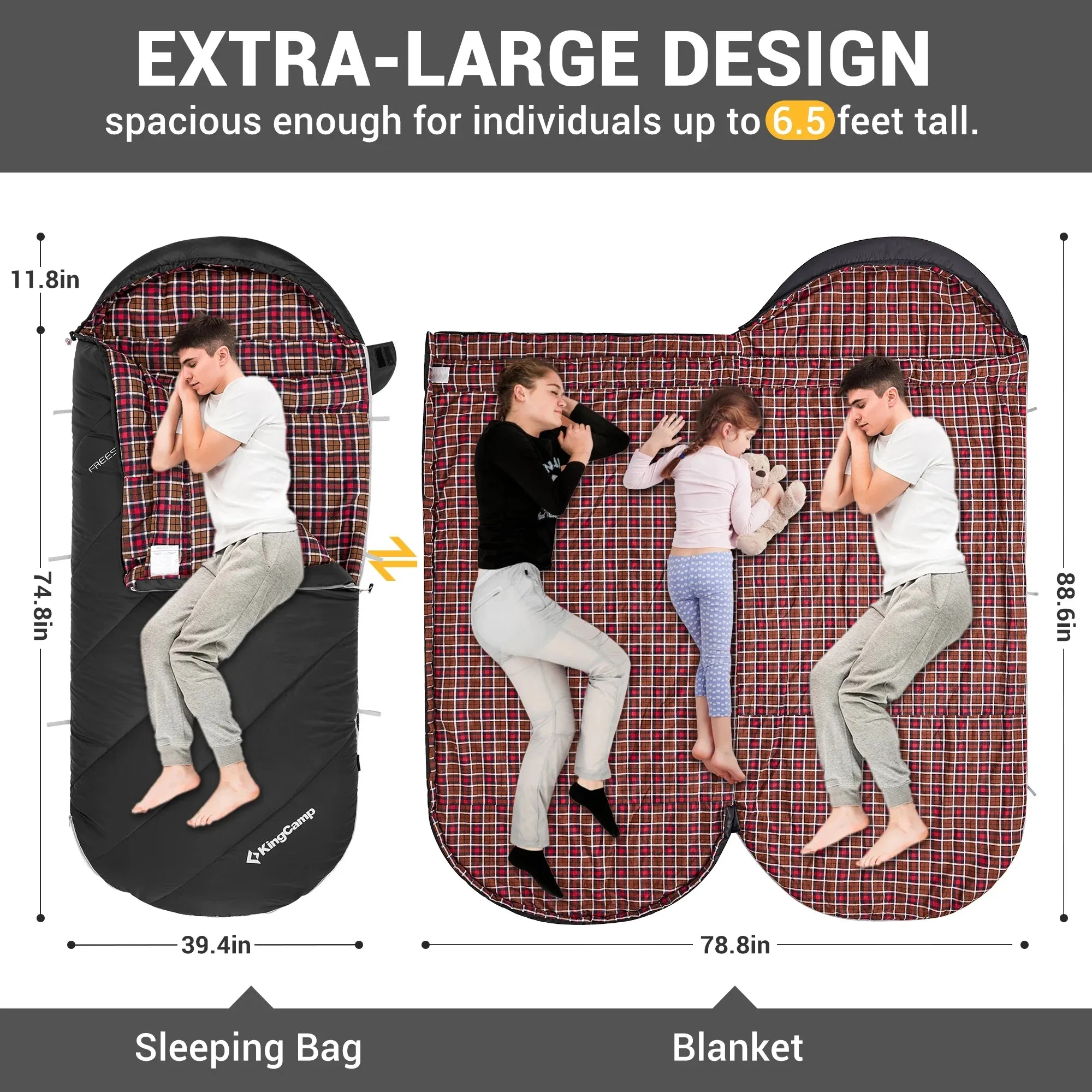 Flannel Sleeping Bag for Adults, Big and Tall Waterproof 20 Degree Camping Sleeping Bags for Cold Weather with Compression Sack, 86.6" X 39.4", Black