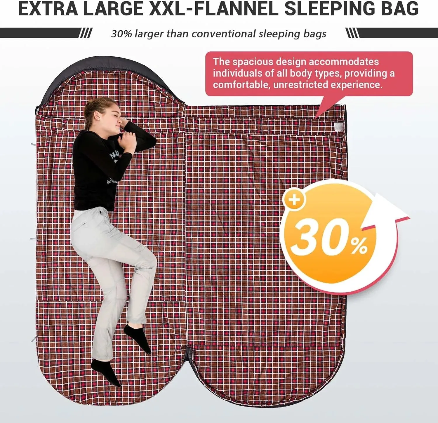 Flannel Sleeping Bag for Adults, Big and Tall Waterproof 20 Degree Camping Sleeping Bags for Cold Weather with Compression Sack, 86.6" X 39.4", Black