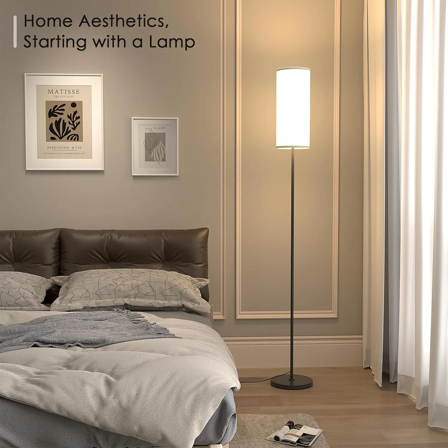 Floor Lamp for Living Room, Modern Standing lamp with Remote Control, Stepless Dimmable 9W Bulb & Beige Lampshade Included, Black Pole Tall Floor Lamp for Bedroom Office