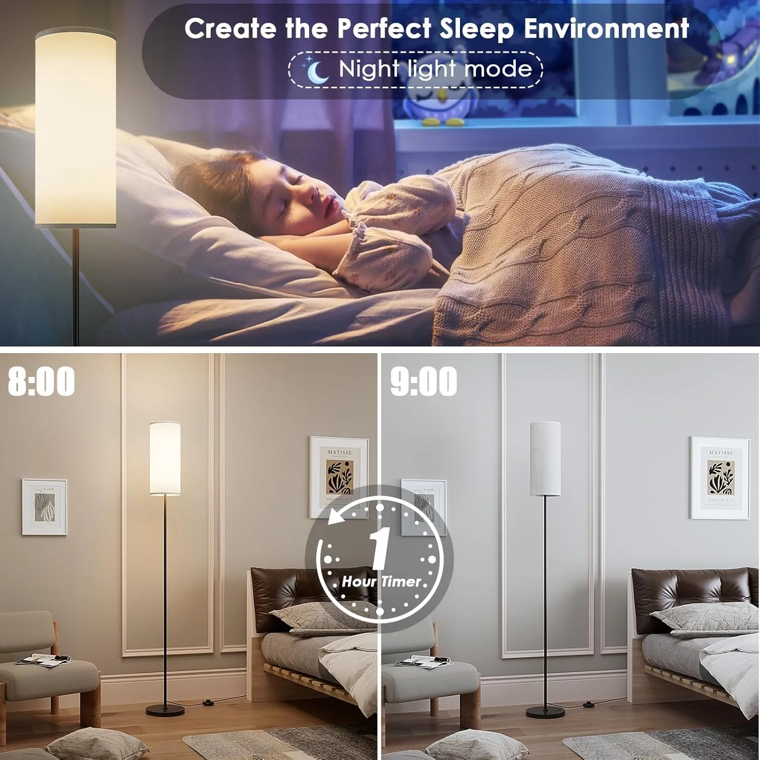Floor Lamp for Living Room, Modern Standing lamp with Remote Control, Stepless Dimmable 9W Bulb & Beige Lampshade Included, Black Pole Tall Floor Lamp for Bedroom Office