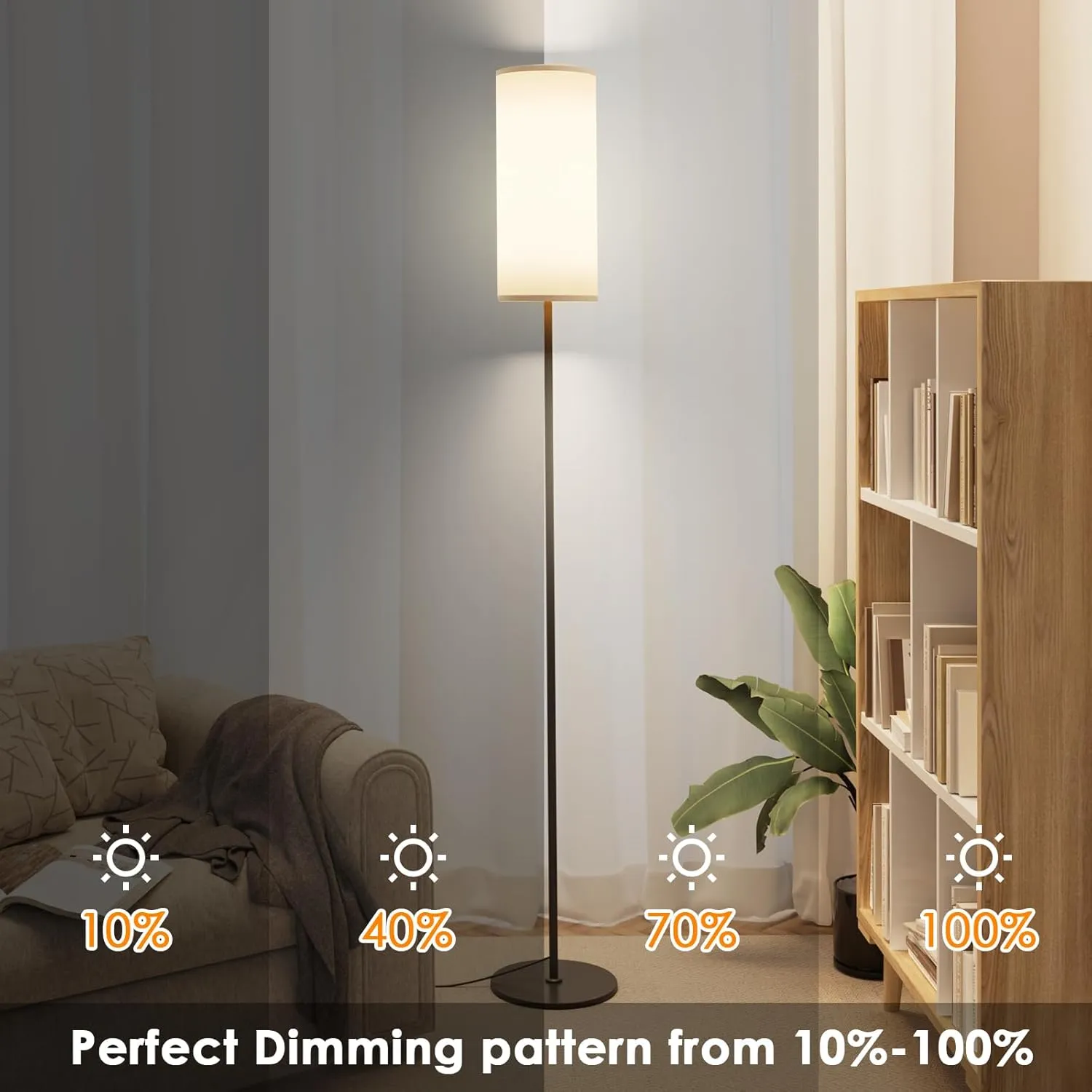 Floor Lamp for Living Room, Modern Standing lamp with Remote Control, Stepless Dimmable 9W Bulb & Beige Lampshade Included, Black Pole Tall Floor Lamp for Bedroom Office