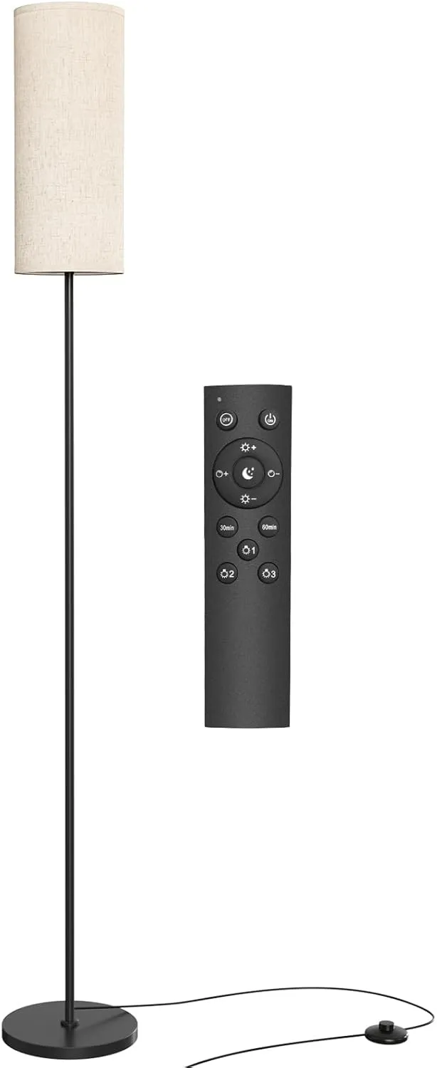 Floor Lamp for Living Room, Modern Standing lamp with Remote Control, Stepless Dimmable 9W Bulb & Beige Lampshade Included, Black Pole Tall Floor Lamp for Bedroom Office