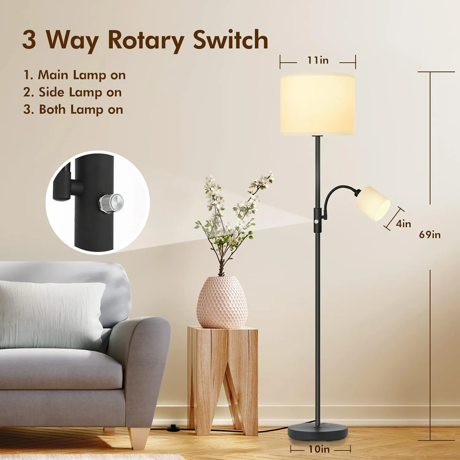 Floor Lamps Standing Lamp, Bright Stand up Lamp with Reading Light, White Lampshade, 62" Tall, 3-Way Rotary Switch, Black Corner Light for Bedroom Office, Modern Living Room Decor(LED Bulbs Included)