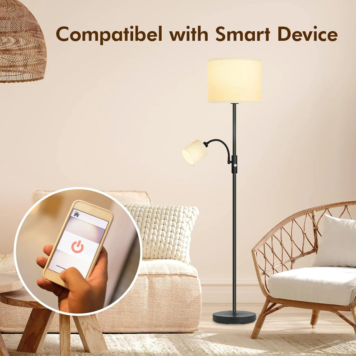 Floor Lamps Standing Lamp, Bright Stand up Lamp with Reading Light, White Lampshade, 62" Tall, 3-Way Rotary Switch, Black Corner Light for Bedroom Office, Modern Living Room Decor(LED Bulbs Included)