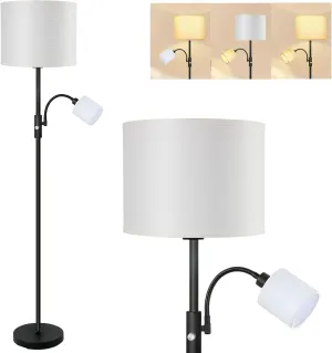 Floor Lamps Standing Lamp, Bright Stand up Lamp with Reading Light, White Lampshade, 62" Tall, 3-Way Rotary Switch, Black Corner Light for Bedroom Office, Modern Living Room Decor(LED Bulbs Included)