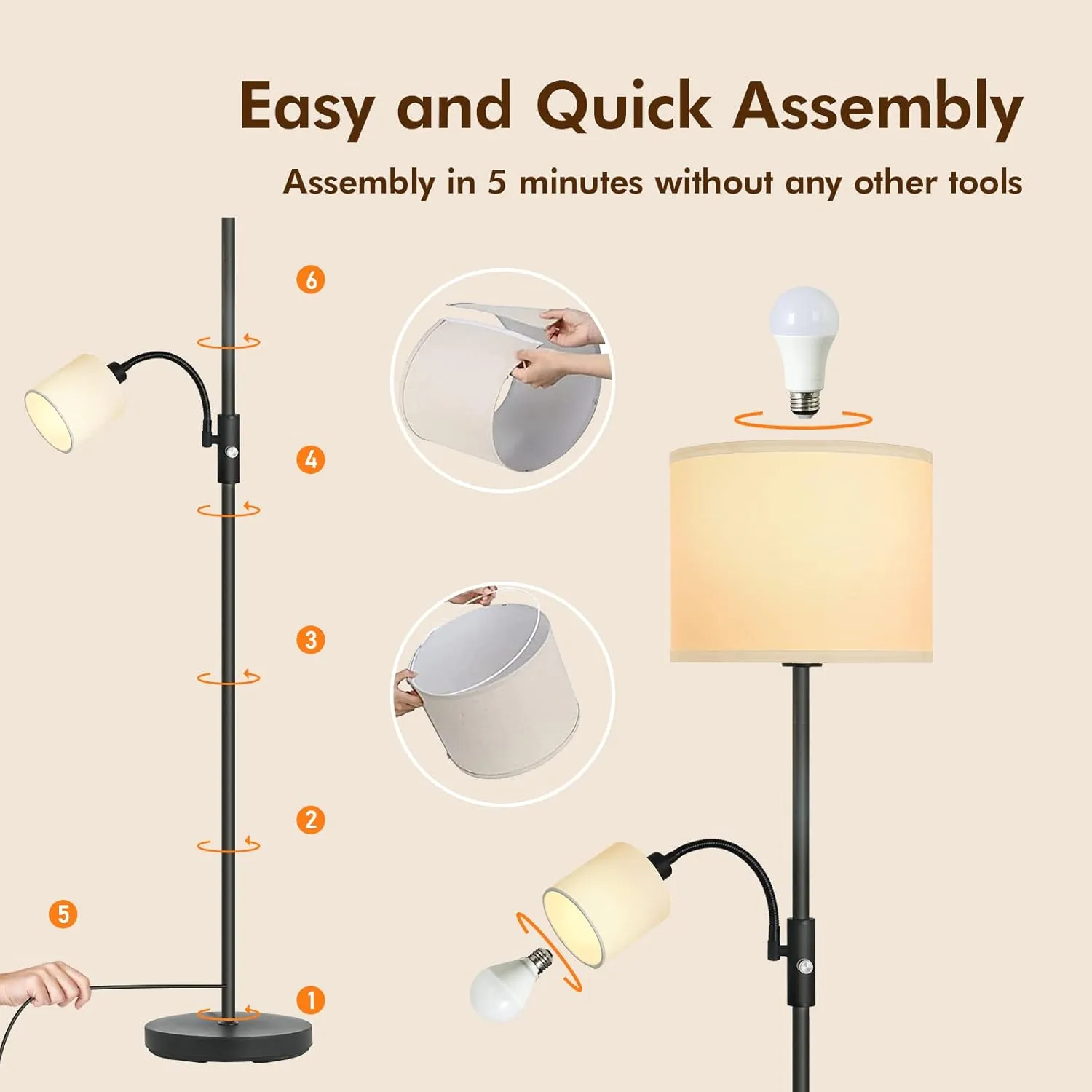 Floor Lamps Standing Lamp, Bright Stand up Lamp with Reading Light, White Lampshade, 62" Tall, 3-Way Rotary Switch, Black Corner Light for Bedroom Office, Modern Living Room Decor(LED Bulbs Included)