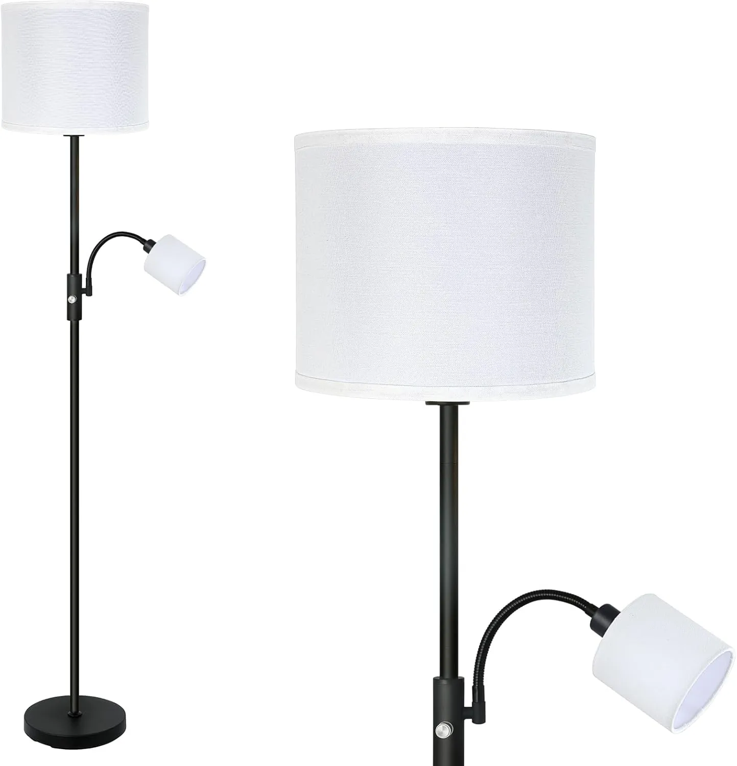 Floor Lamps Standing Lamp, Bright Stand up Lamp with Reading Light, White Lampshade, 62" Tall, 3-Way Rotary Switch, Black Corner Light for Bedroom Office, Modern Living Room Decor(LED Bulbs Included)