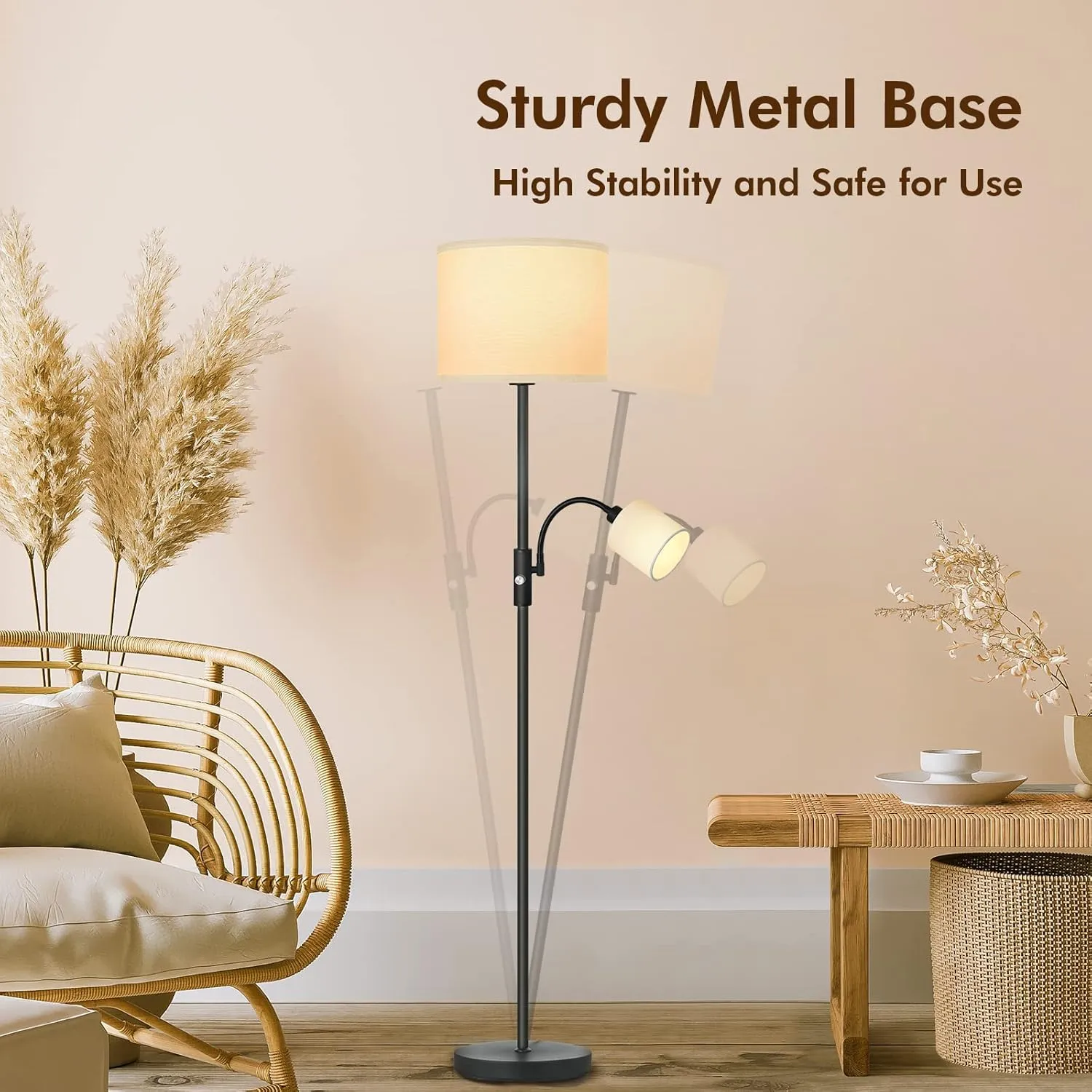 Floor Lamps Standing Lamp, Bright Stand up Lamp with Reading Light, White Lampshade, 62" Tall, 3-Way Rotary Switch, Black Corner Light for Bedroom Office, Modern Living Room Decor(LED Bulbs Included)