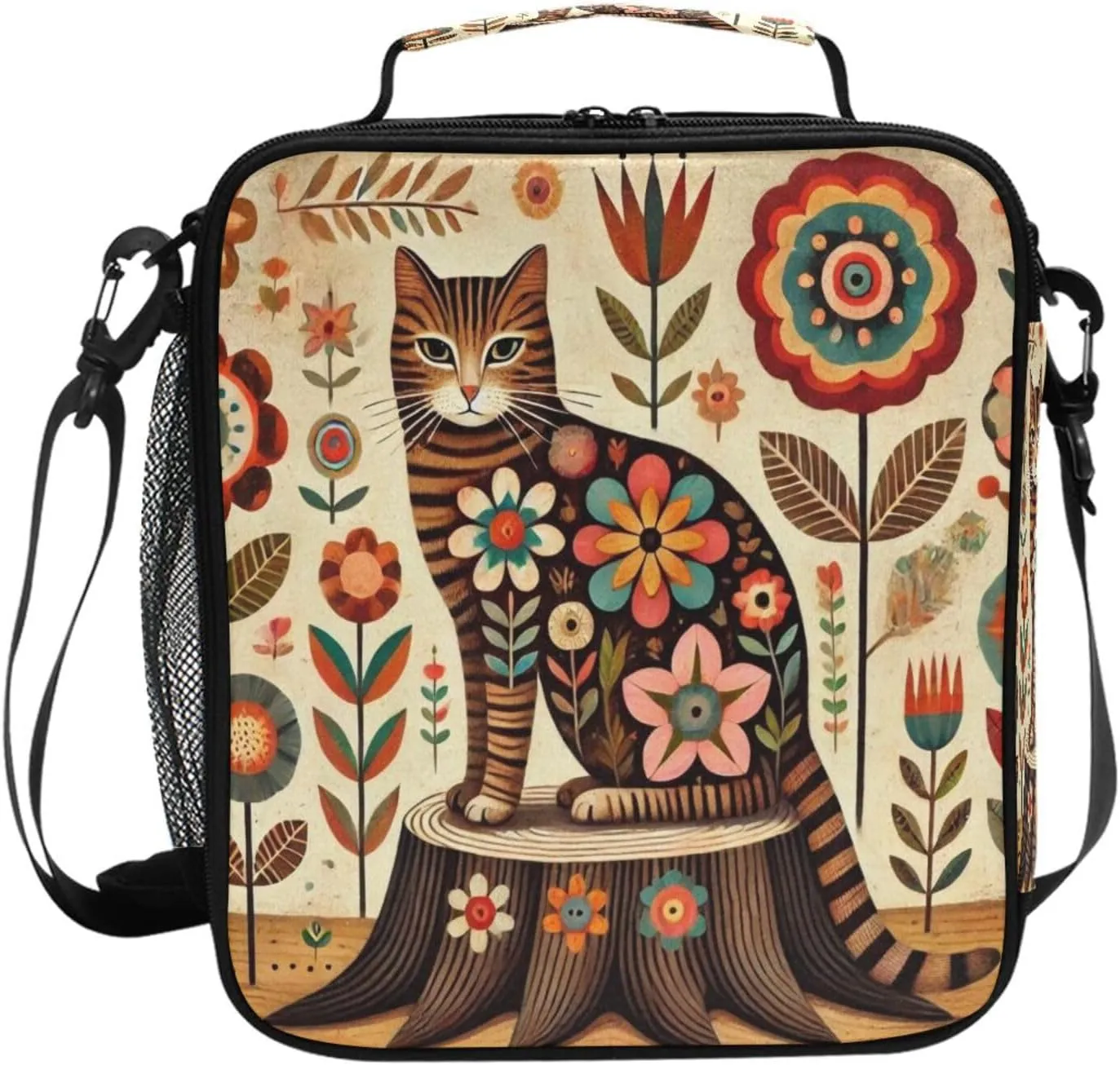 Floral Cat Stump Beige Lunch Box for Kids Girls Boys Insulated Lunch Bag for Women Men Leakproof Cooler Tote Bag Reusable with Adjustable Shoulder Strap for Work Picnic Travel Adult