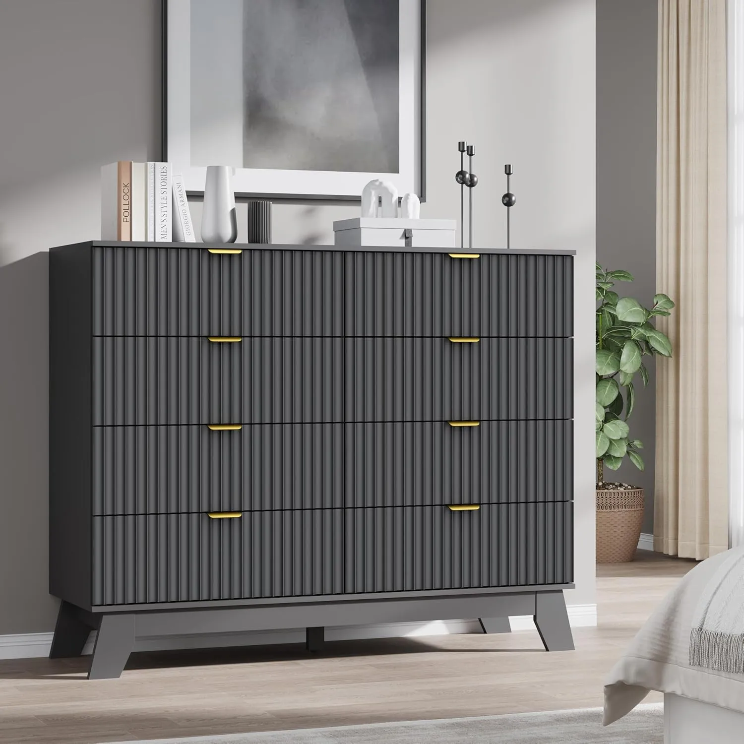 Fluted 8 Drawer Tall Dresser, 47.2" Wide Modern Boho Chest of Drawers, Wooden Storage Dresser TV Stand for Bedroom, Living Room, Closet, Hallway, Curved Profile Design