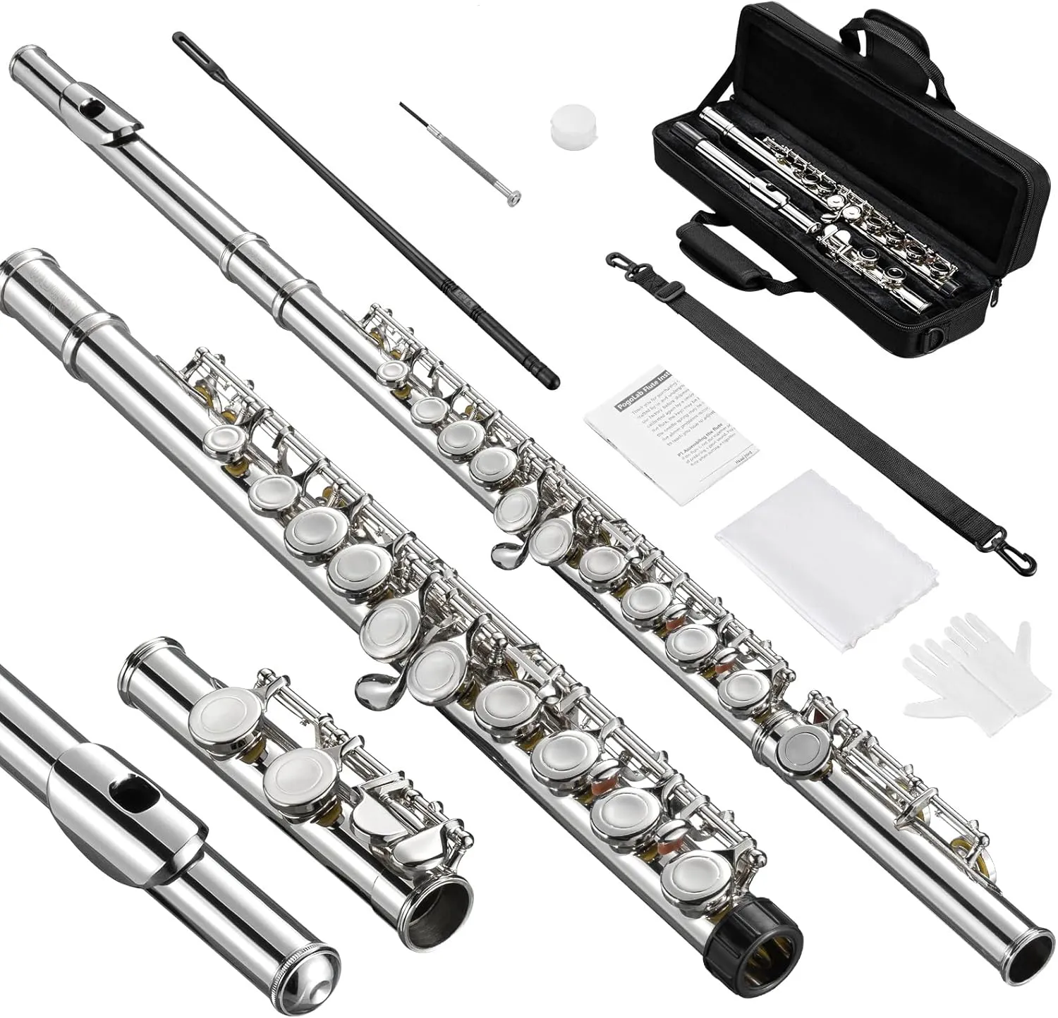 Flutes, Closed Hole C 16 Keys Flute Instrument, Student Flute for Beginner Advanced Player, with Cleaning Kit, Carry Bag, Strap, Probe Rod, Gloves (Nickel)