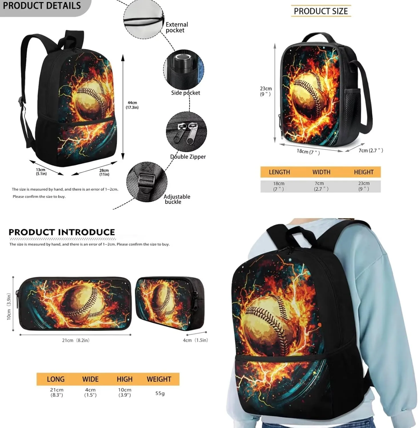 FOR U DESIGNS Baseball Backpack for Boys 7-8 Large Capacity Bookbag and Lunch Box Set 3 Pcs Kindergarten Elementary School Bag 5th Grade Back Pack