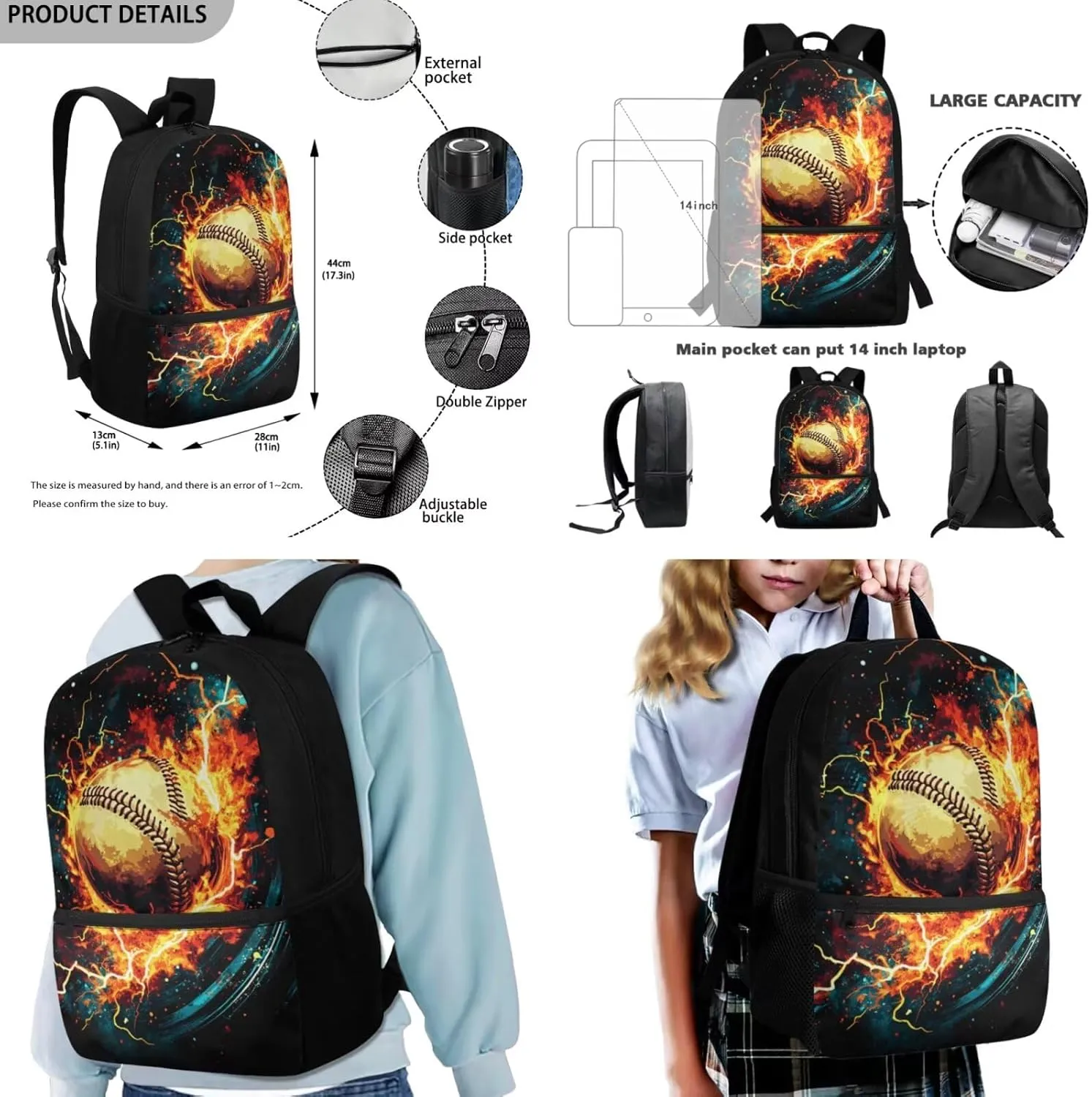 FOR U DESIGNS Baseball Backpack for Boys 7-8 Large Capacity Bookbag and Lunch Box Set 3 Pcs Kindergarten Elementary School Bag 5th Grade Back Pack