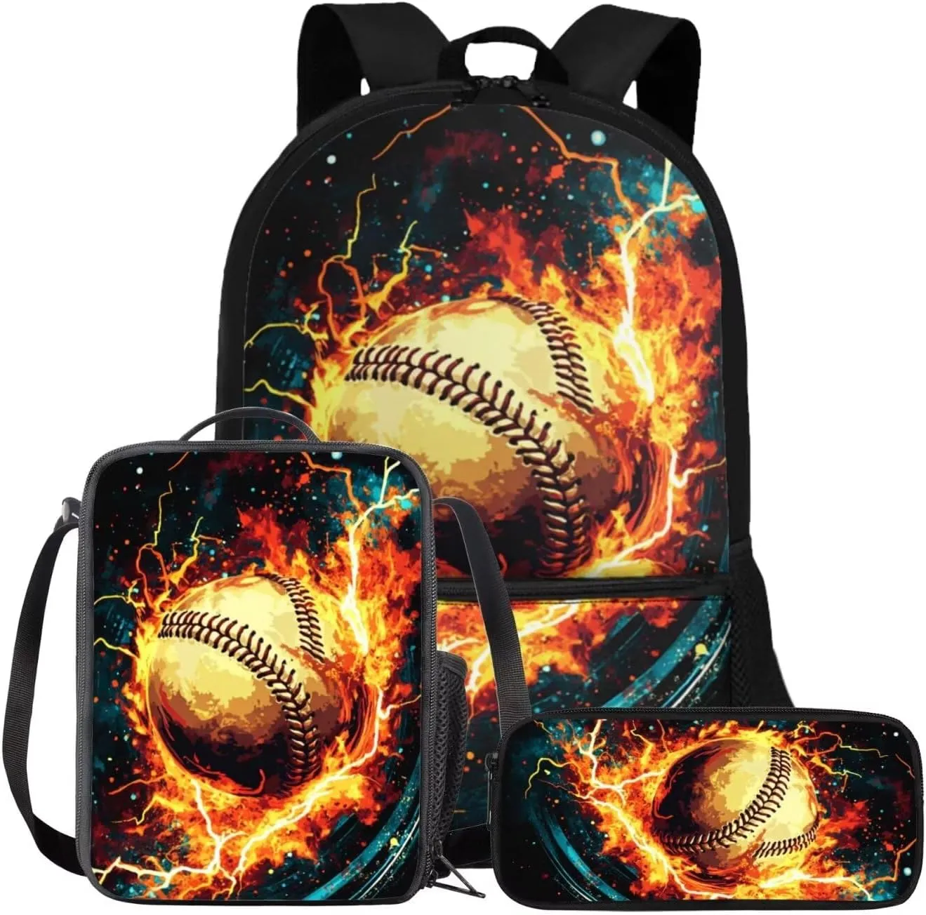 FOR U DESIGNS Baseball Backpack for Boys 7-8 Large Capacity Bookbag and Lunch Box Set 3 Pcs Kindergarten Elementary School Bag 5th Grade Back Pack