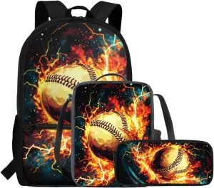 FOR U DESIGNS Baseball Backpack for Boys 7-8 Large Capacity Bookbag and Lunch Box Set 3 Pcs Kindergarten Elementary School Bag 5th Grade Back Pack