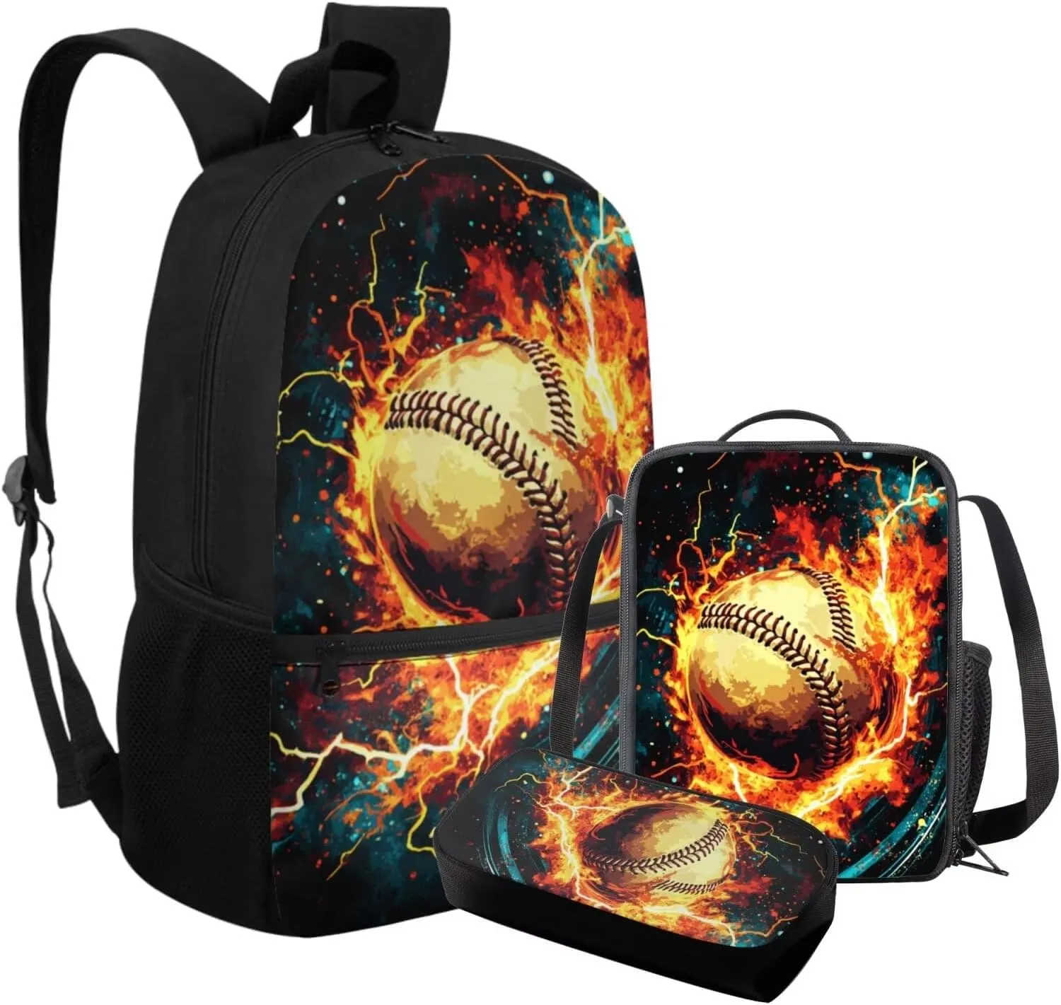 FOR U DESIGNS Baseball Backpack for Boys 7-8 Large Capacity Bookbag and Lunch Box Set 3 Pcs Kindergarten Elementary School Bag 5th Grade Back Pack
