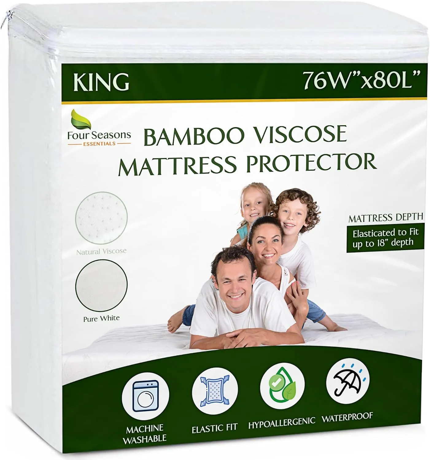 Four Seasons Essentials King Size Waterproof Mattress Protector - Cooling Viscose derived from Bamboo Fitted Sheet Mattress Cover - Quilted Jacquard Pad Protects from Dust Allergens