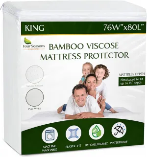 Four Seasons Essentials King Size Waterproof Mattress Protector - Cooling Viscose derived from Bamboo Fitted Sheet Mattress Cover - Quilted Jacquard Pad Protects from Dust Allergens