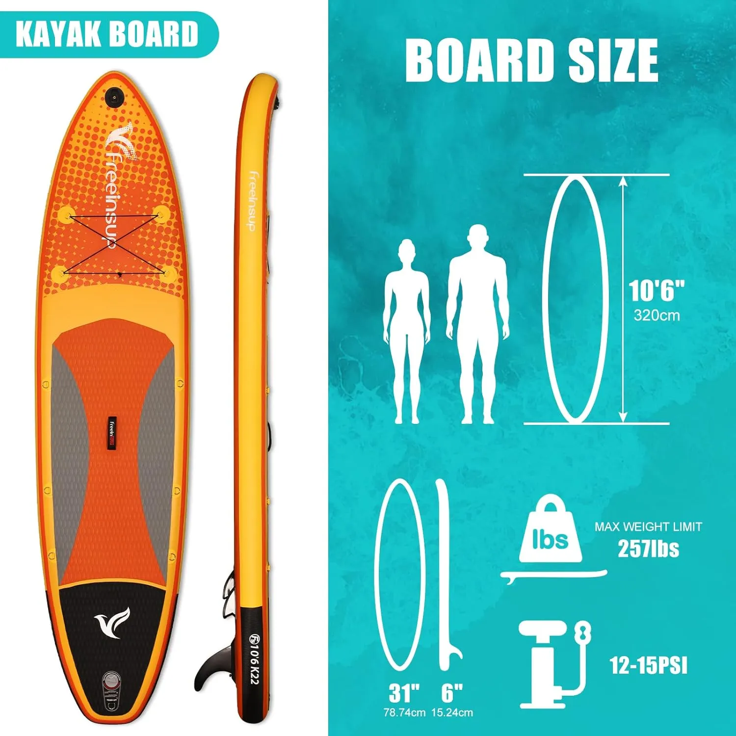 Freein Inflatable Paddle Board 10'6"/11',Capacity 2-in-1 SUP/Kayak with Adjustable Seat,Electric Pump Adapter,Non-Slip Diamond Deck & Travel Backpack,for Adults/Fishing/Yoga