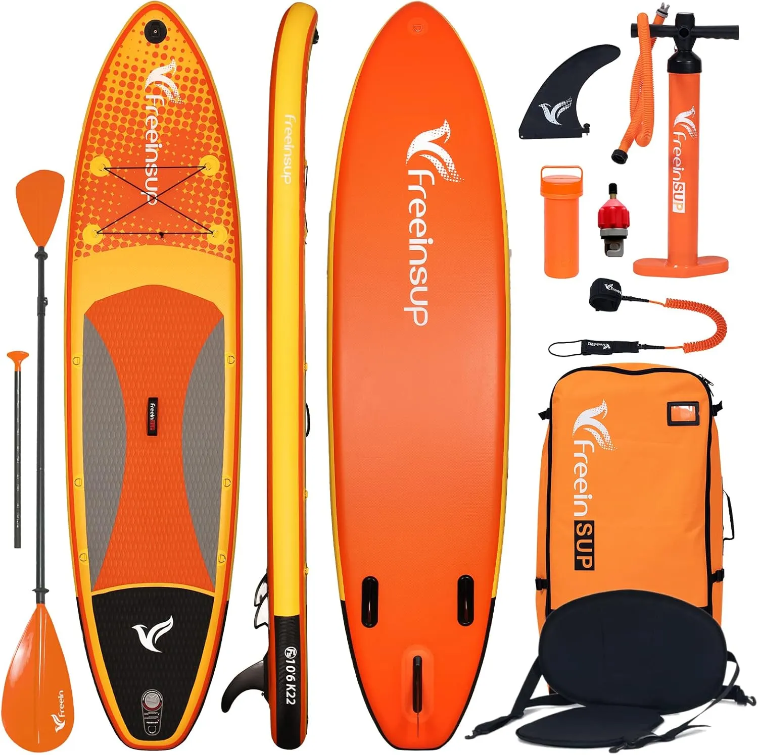 Freein Inflatable Paddle Board 10'6"/11',Capacity 2-in-1 SUP/Kayak with Adjustable Seat,Electric Pump Adapter,Non-Slip Diamond Deck & Travel Backpack,for Adults/Fishing/Yoga
