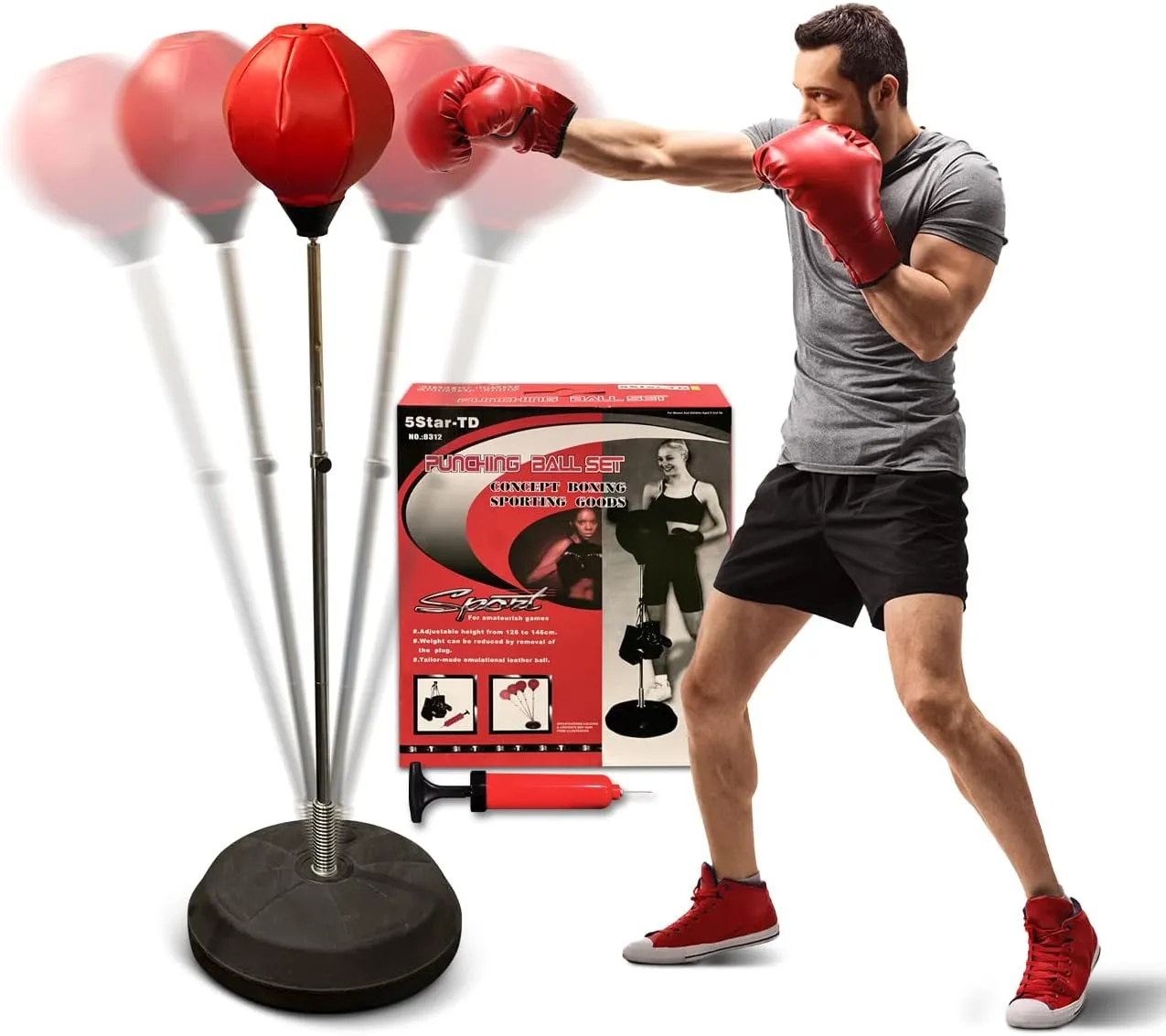 Freestanding Punching Bag with Boxing Gloves Set   Pump | Adjustable Height Boxing Bag Reflex Standing Speed Bag | MMA Fitness Training for Adults/Kids | Stress Relief Exercise Strength Train