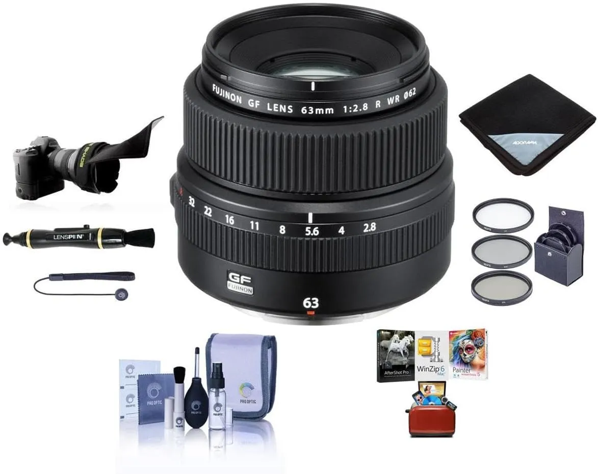 Fujifilm GF 63mm f/2.8 R WR Lens, Bundle with ProOptic 62mm Filter Kit, Cleaning Kit, Lens Cap Tether, Flex Lens Shade, Lens Wrap, LensPen Cleaner, Mac Software Kit