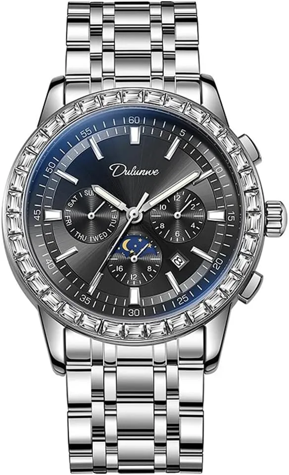 Fully Automatic Men's Mechanical Watch Diamond Chronograph Classic Month/Week/Moon Phases Stainless Steel Waterproof Self Winding Wrist Watch for Men