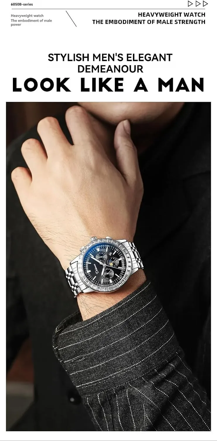 Fully Automatic Men's Mechanical Watch Diamond Chronograph Classic Month/Week/Moon Phases Stainless Steel Waterproof Self Winding Wrist Watch for Men