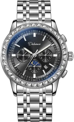 Fully Automatic Men's Mechanical Watch Diamond Chronograph Classic Month/Week/Moon Phases Stainless Steel Waterproof Self Winding Wrist Watch for Men