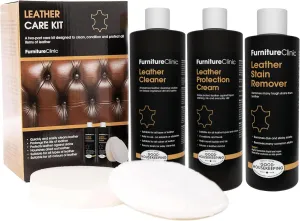 Furniture Clinic Leather Care Kit   8.5oz Leather Stain Remover | Kit has 17oz Leather Cleaner   17oz Conditioning Protection Cream for Furniture   1 Sponge & 1 Cloth | Couches, Cars, Jackets, & Boots
