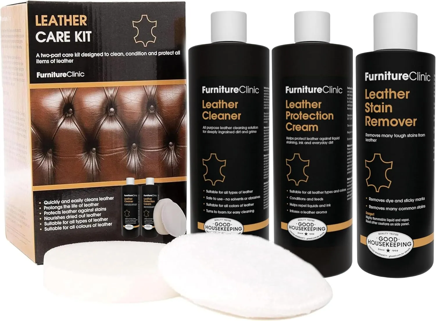 Furniture Clinic Leather Care Kit   8.5oz Leather Stain Remover | Kit has 17oz Leather Cleaner   17oz Conditioning Protection Cream for Furniture   1 Sponge & 1 Cloth | Couches, Cars, Jackets, & Boots