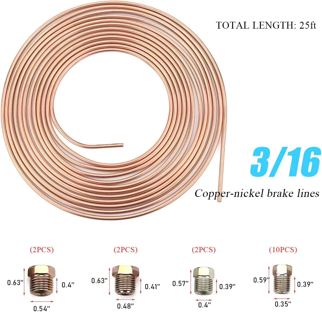 Galvanized Iron Brake Line, 25 Ft. 3/16 Anti-Rust Zinc-Coated Iron Brake Lines Auto Conversion Parts, Flexible Brake Line Coil with Inverted Flare Fittings, Car Accessories (Golden)