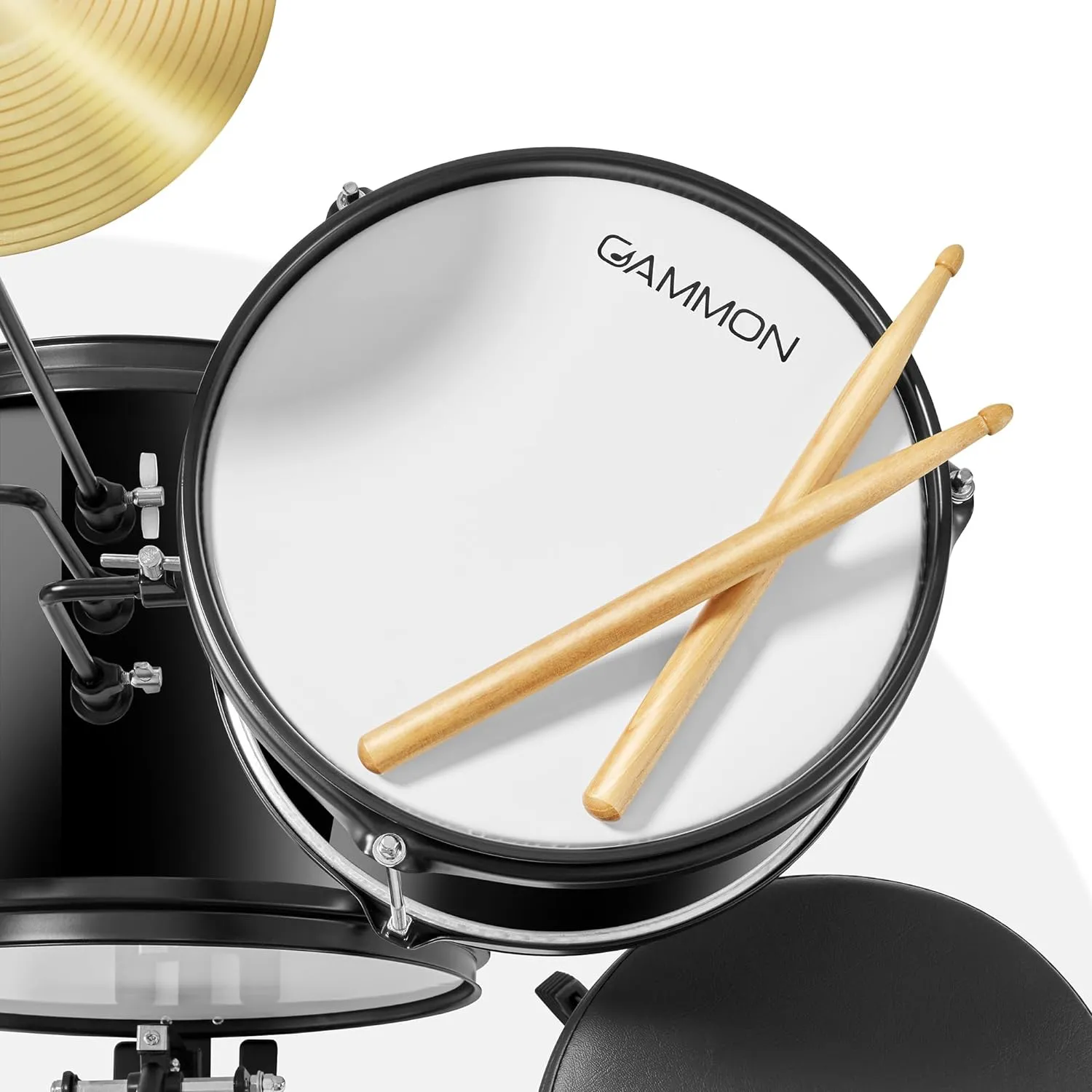 Gammon 3-Piece Junior Drum Set with Throne - Black, Complete Beginner Kit with Bass Drum, Toms, Cymbal, Pedal, and Drumsticks