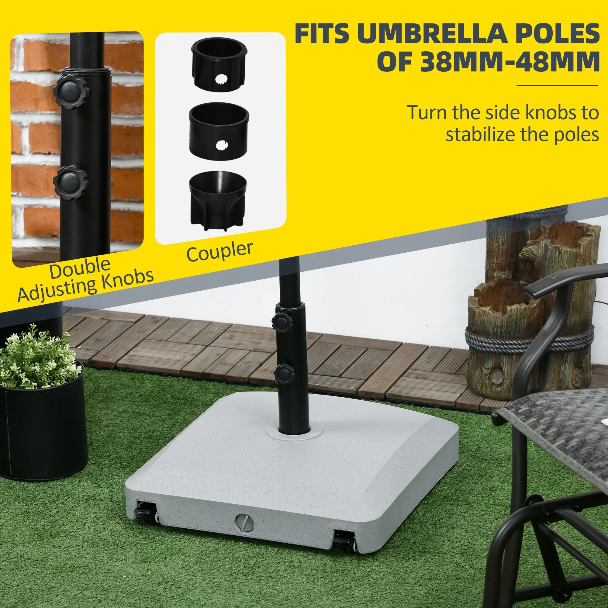 Garden Parasol Base Holder, 24kg Water or 30kg Sand Filled, Outdoor Market Umbrella Stand Weight with Wheels and Brakes, Grey