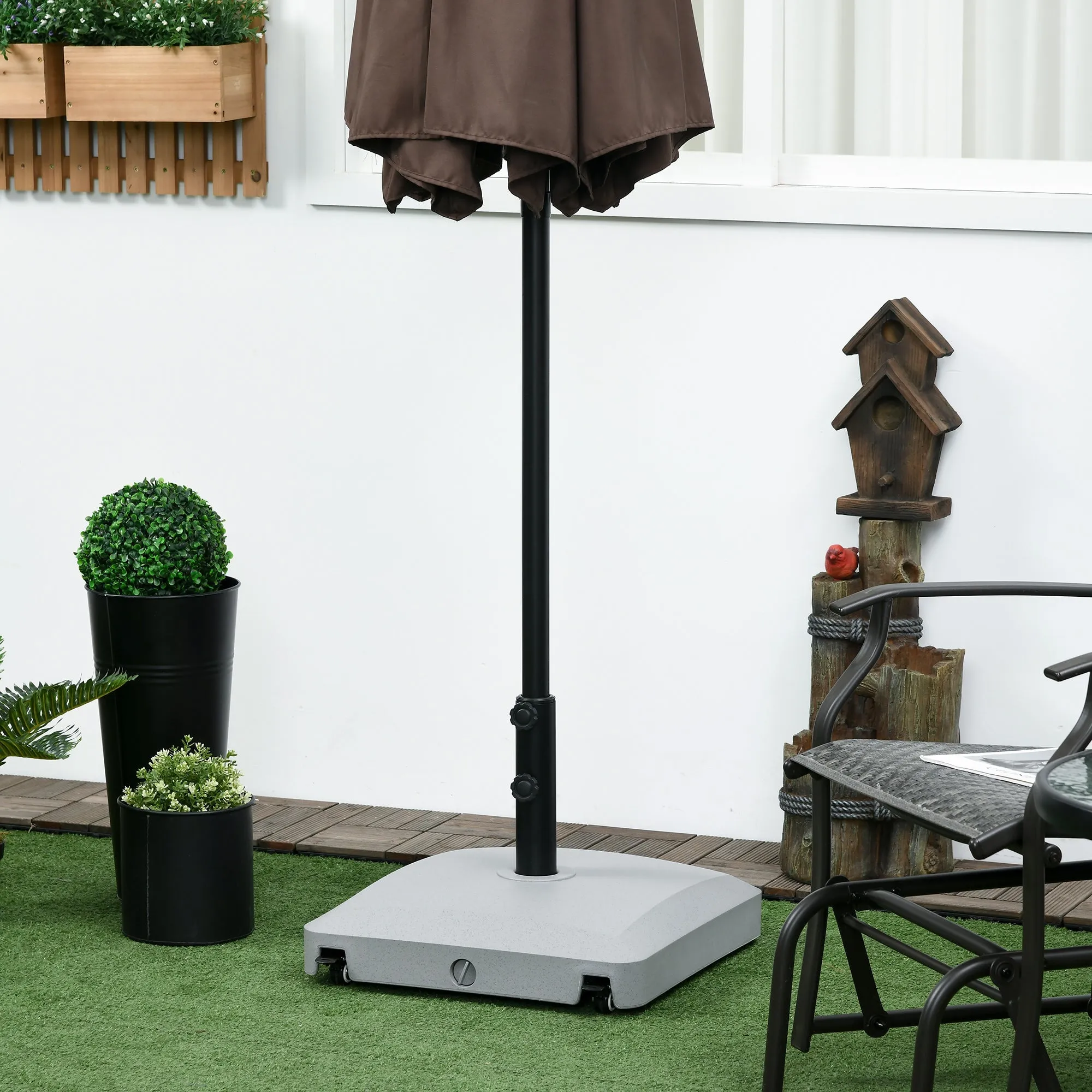 Garden Parasol Base Holder, 24kg Water or 30kg Sand Filled, Outdoor Market Umbrella Stand Weight with Wheels and Brakes, Grey